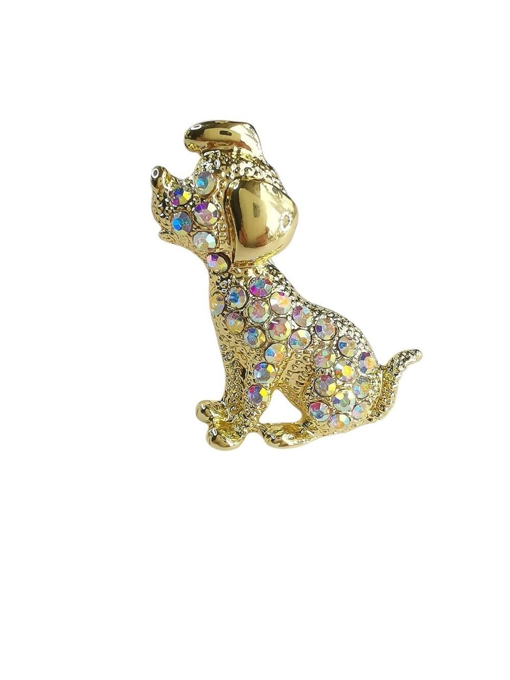 Crystal gold tone Sitting Puppy Dog Brooch Pin 🆕